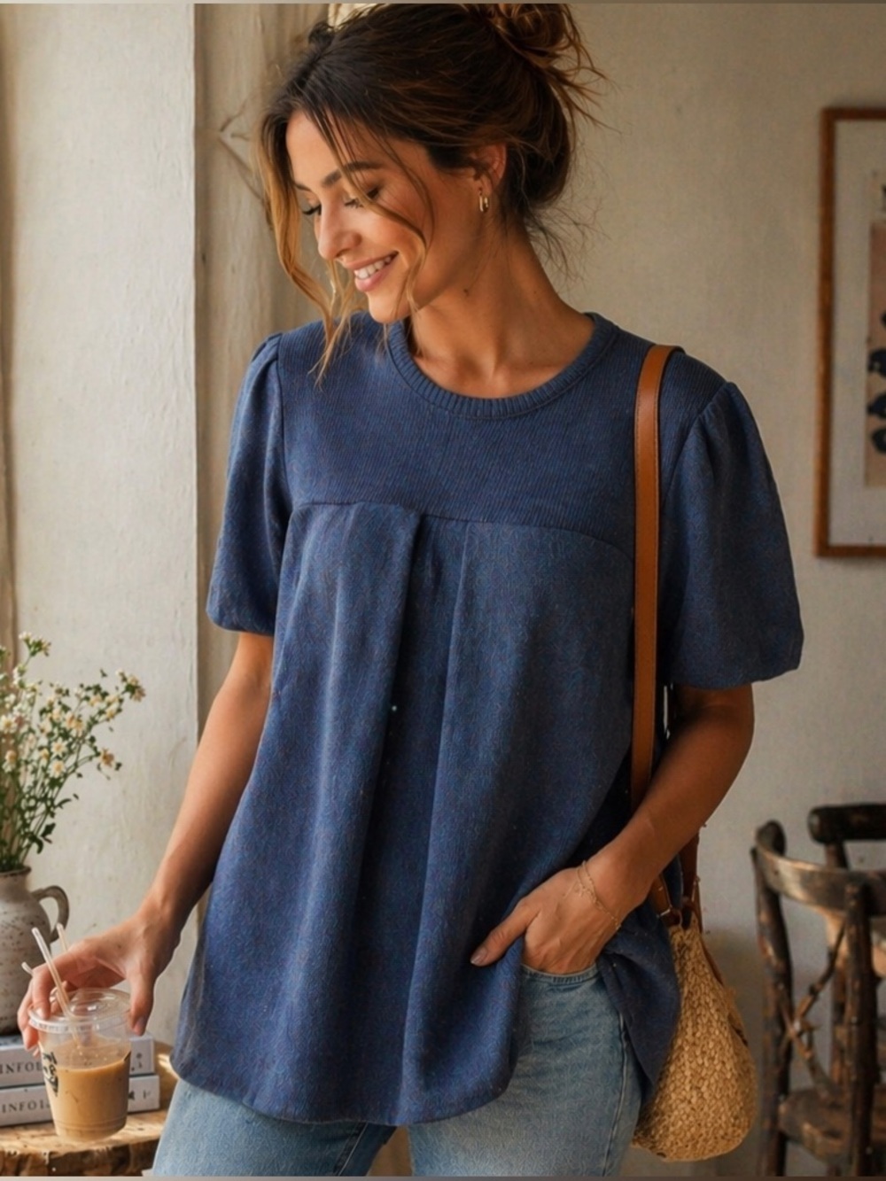 Vintage Land N Sea Blue Heather Knit Puff Sleeve Babydoll Top Coquette Small
